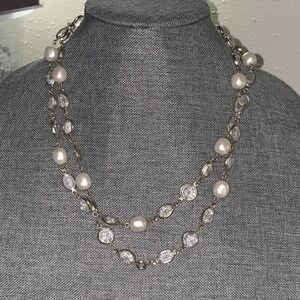 Long Gold-Tone Station Necklace w/ Faux Pearls & Faceted Crystal Links